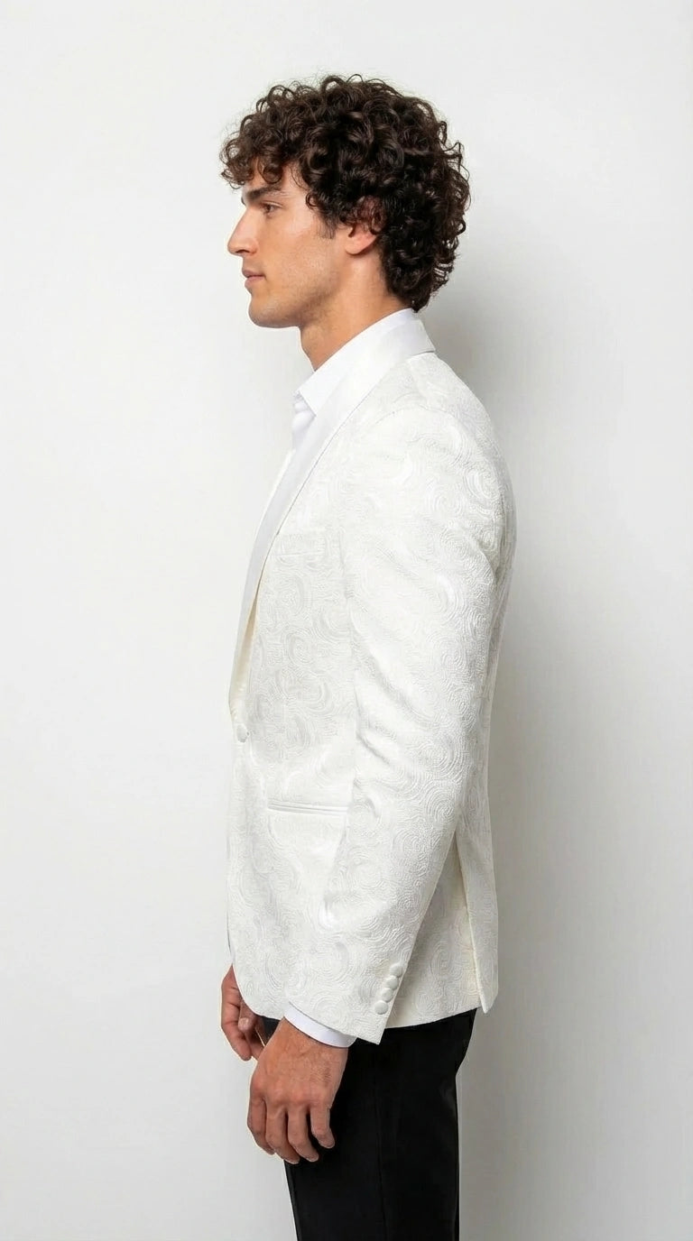 Men’s White Paisley Disco Blazer 1980s Style Jacket – Shawl Lapel Formal Party Blazer, Elegant Masquerade Club Wear, Stylish Evening Outfit