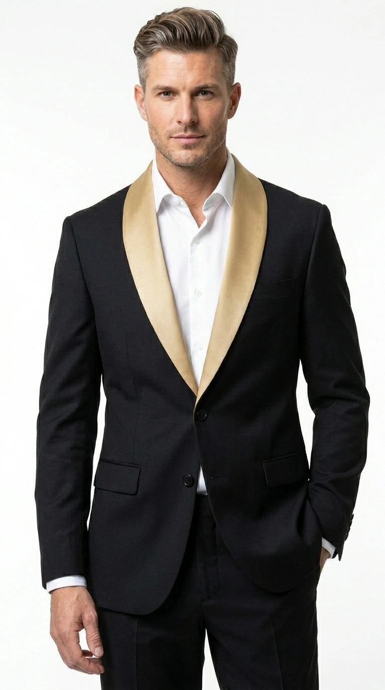 Men’s Black Suit with Gold Lapel – Luxury Formal Tuxedo Style Suit for Wedding, Prom, Party and Evening Wear