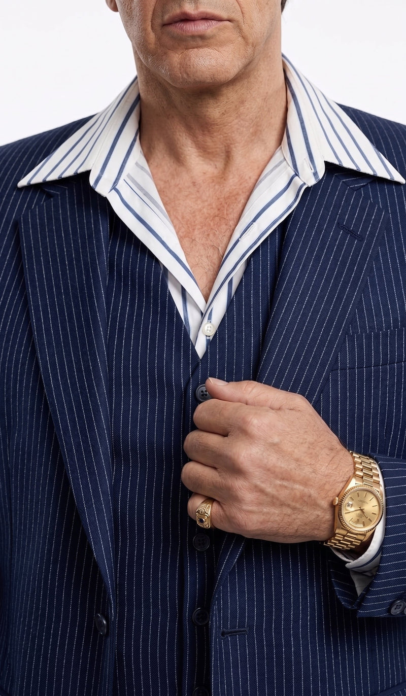 Tony Montana’s Blue Pinstripe 3 Piece Suit – Men’s Vintage Blue Striped Suit for Wedding, Prom and Classic Formal Wear