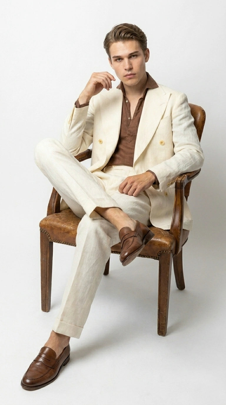 Men’s Off White 70s Style Double Breasted Suit – Vintage Retro Wide Lapel Classic Outfit for Party, Wedding and Casual Fashion Wear