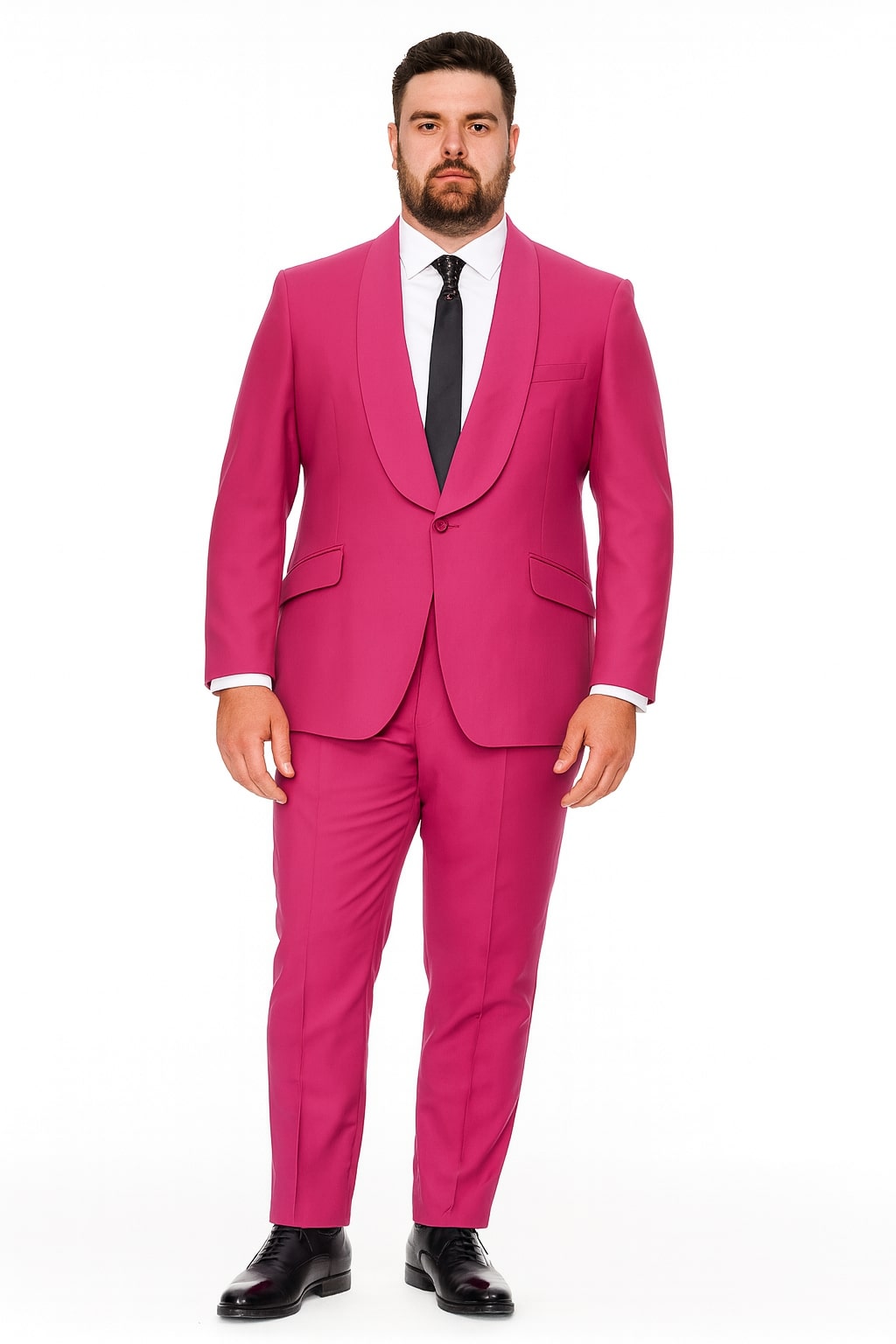 Mens Hot Pink Tuxedo Dinner Jacket + Pants with Shawl Lapel – Slim Fit 2-Piece Suit for Weddings, Proms Suit in Fuchsia Colors