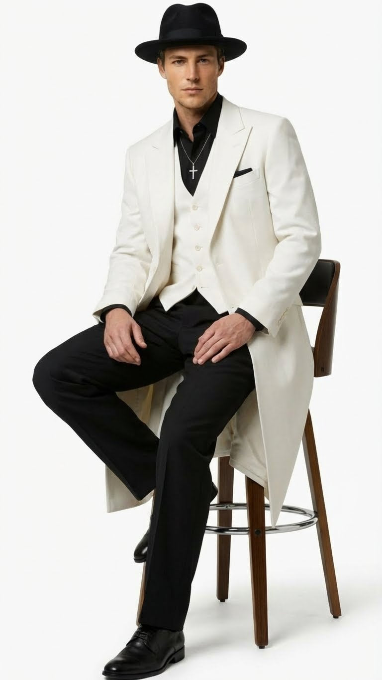 Mens White Long Zoot Suit Costume Set with Black Pants - Wedding, Prom and Party Outfit 1920s - 1930s Gangster Style
