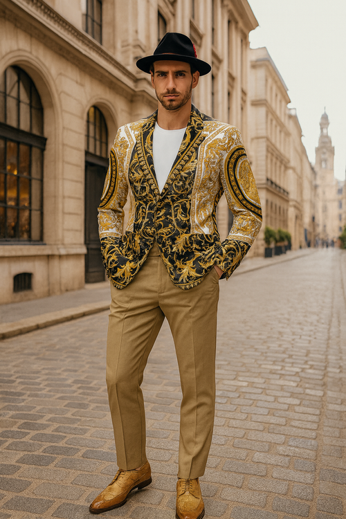 Black and gold baroque blazer with matching beige pants. Intricate front patterns, black hat, and golden shoes complete the ensemble for a sophisticated look.
