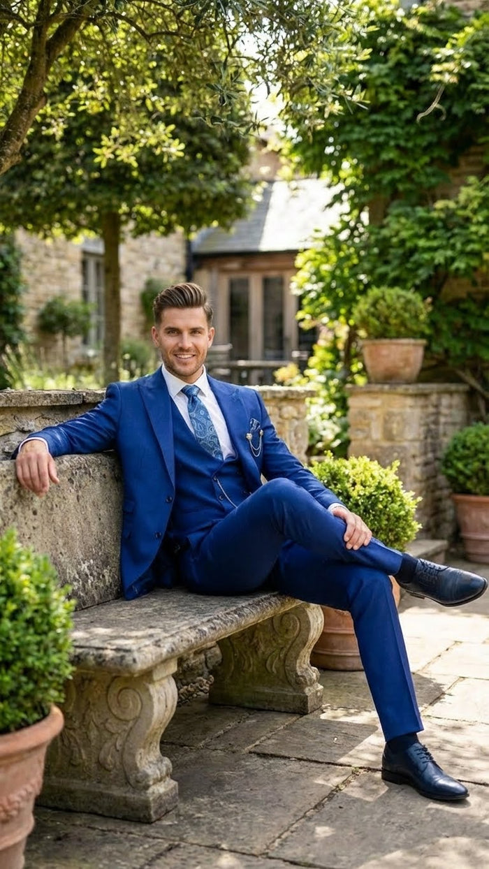 Men's royal blue 3-piece suit set: fitted blazer, vest, & tailored trousers. Solid color, smooth finish, well-structured for a coordinated, sophisticated look.