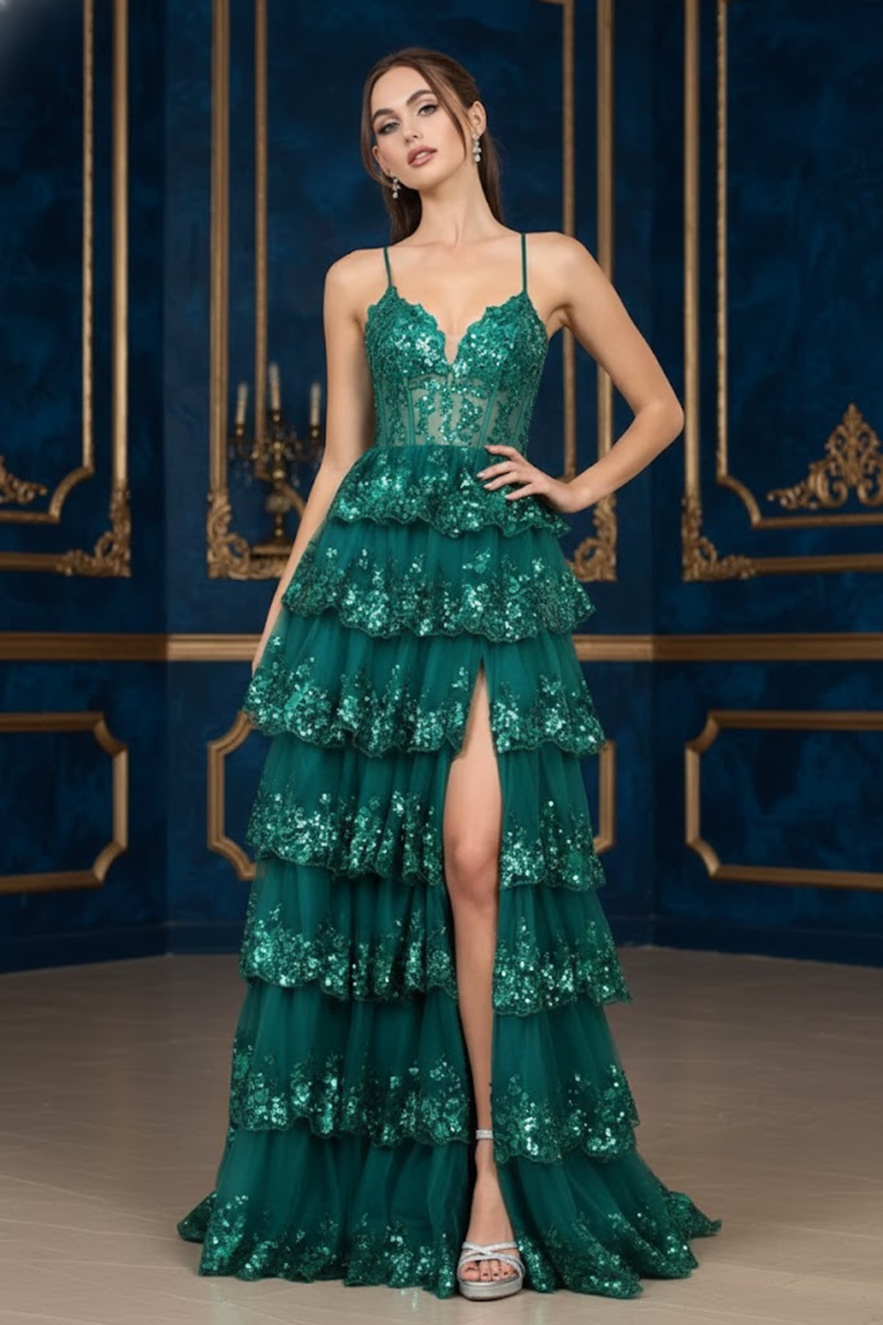 Adora Design 3218 Sequin Ruffle A-Line Slit Formal Prom Gown