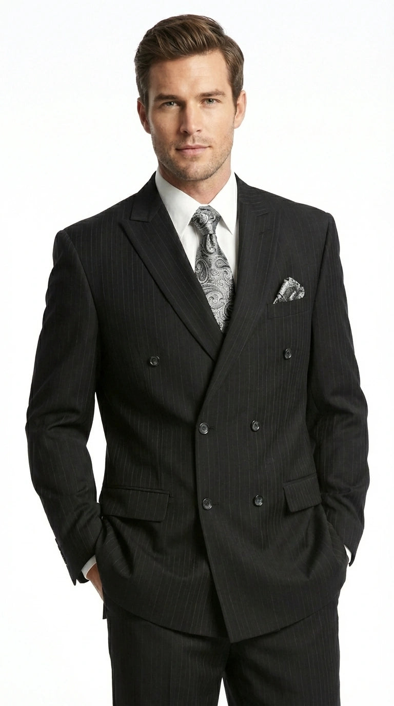 Men’s Black Pinstripe Double Breasted Suit – Peak Lapel Classic Fit Formal Business Conservative settle stripe
