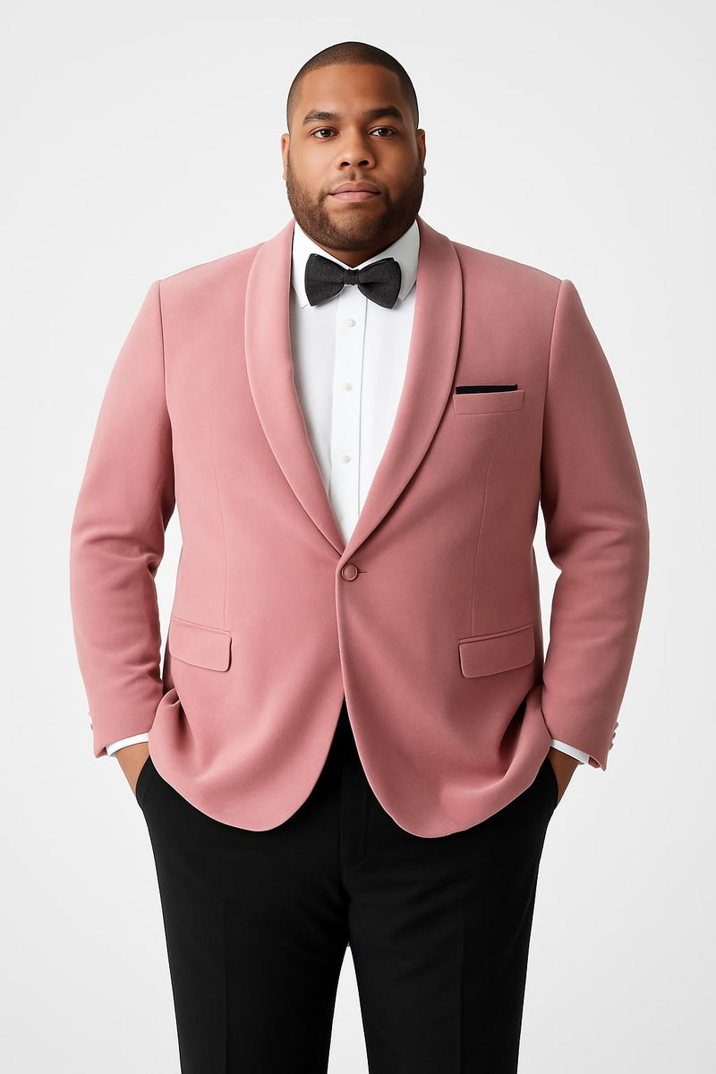 Men's slim fit pink velvet tuxedo jacket. Shawl lapel, smooth texture, single chest and two front flap pockets. Button detail on cuffs. Soft pink color. Perfect for a dinner event.
