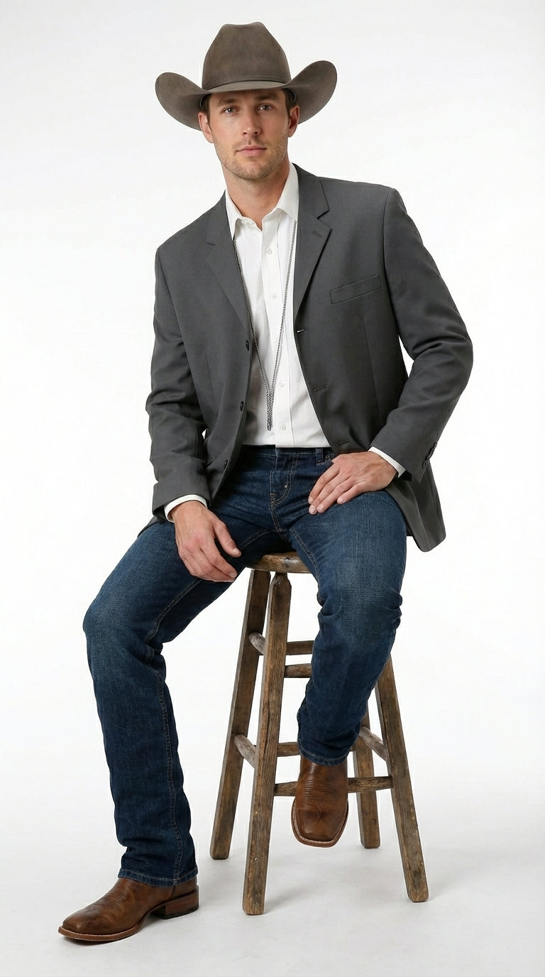 Mens Charcoal Grey Three Buttons Western Blazer – Classic Fit Cowboy Style Three Button Formal Dress Jacket