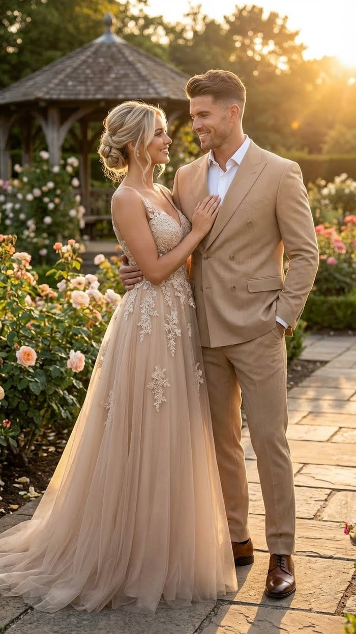A beige double-breasted suit by Alberto Nardoni features a tailored fit with sharp lapels, two rows of buttons, and side pockets. The suit is made from a lightweight fabric, suitable for formal occasions.