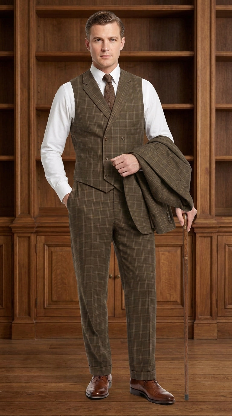 Men’s 1930s Brown Plaid 3 Piece Suit, Vintage Formal Wedding Business Dress Suit Set