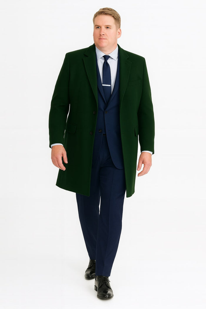 Men's dark green wool overcoat. Classic long design with a tailored fit, button front, notched lapels, and two side pockets. Suitable for formal and casual wear.

