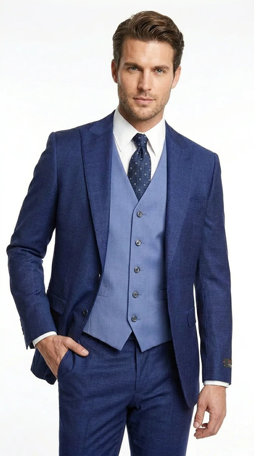 Vitalli Men’s Navy Blue 3 Piece Suit with Light Blue Vest, Textured Formal Dress Suit for Weddings, Prom, Business Events, and Parties