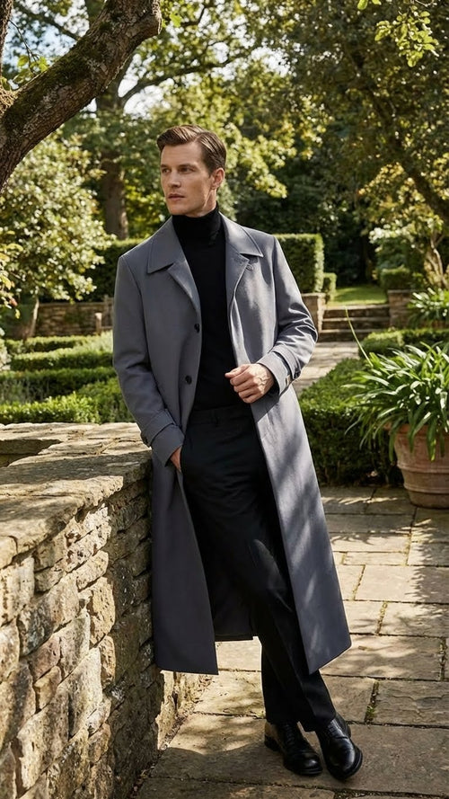 Alberto Nardoni men's charcoal grey overcoat. Streamlined silhouette, button-down front, wide lapels, long sleeves. Smooth, structured material, full-length (below knees).
