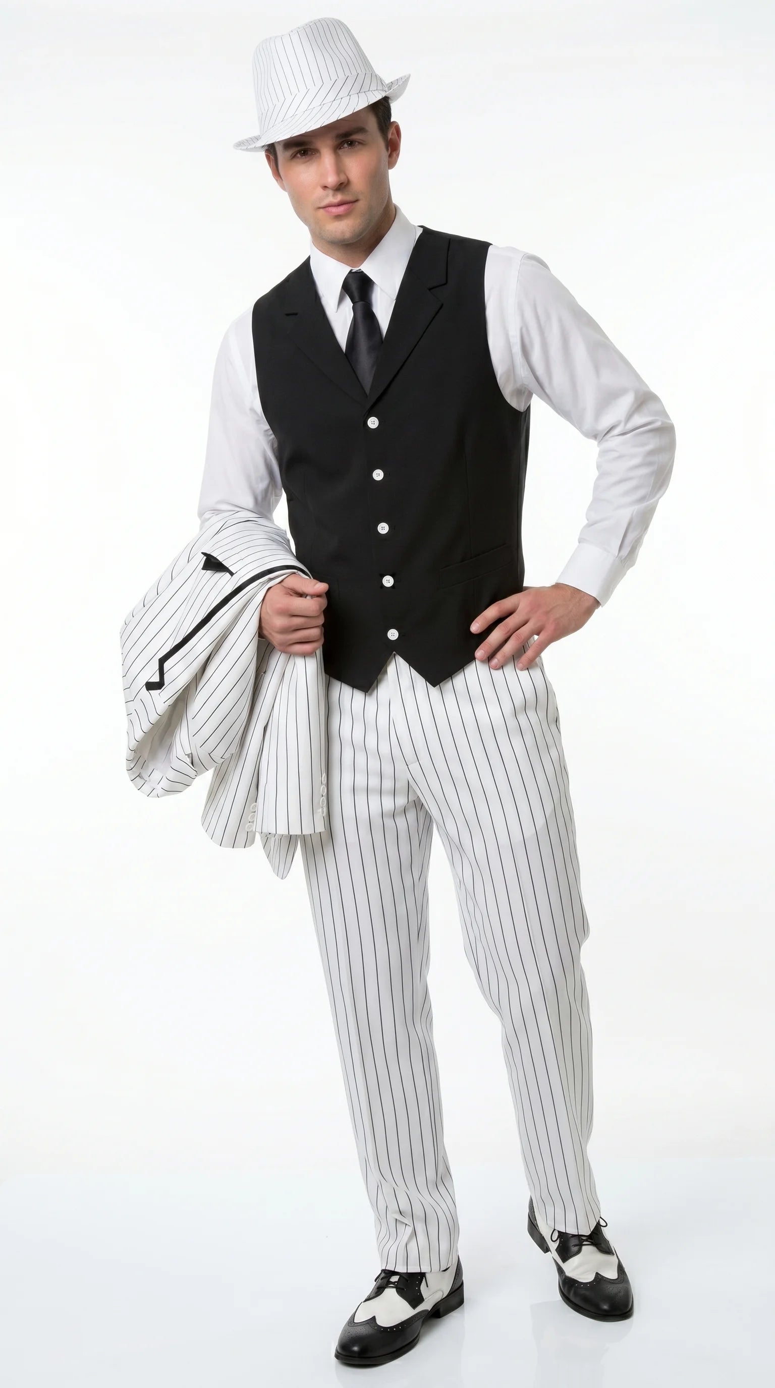 Men’s White Pinstripe 1920s Gangster 3 Piece Suit, Black Contrast Formal Costume Suit for Parties, Prom, Weddings, and Theme Events