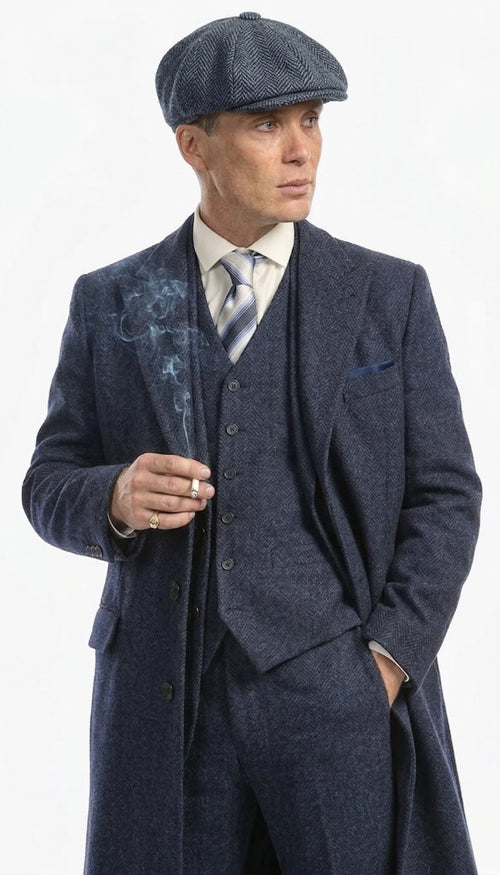Men’s Navy Blue Herringbone Tweed  1920s 3 Piece Suit with Overcoat – Vintage Peaky Blinder Style Formal Suit Set with Blazer, Waistcoat + Overcoat + Hat