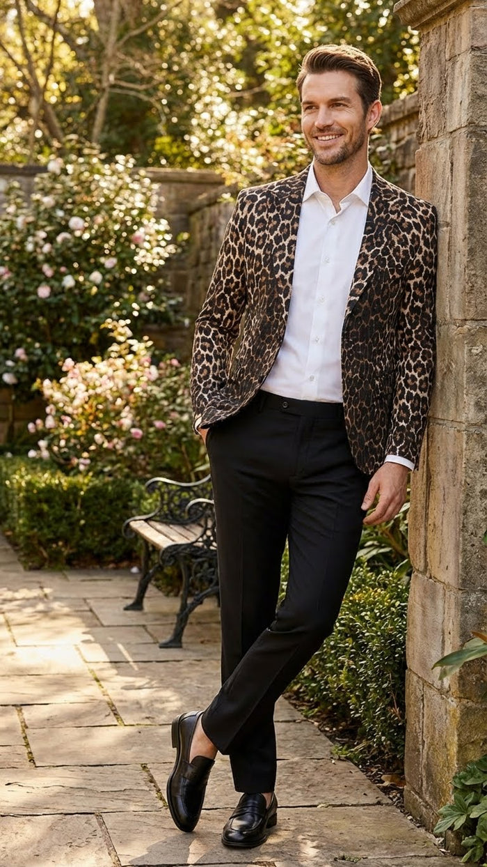 Alberto Nardoni men's blazer. Slim fit, structured shoulders, single-button. Beige and dark brown leopard print. Tapered sleeves, fully lined.

