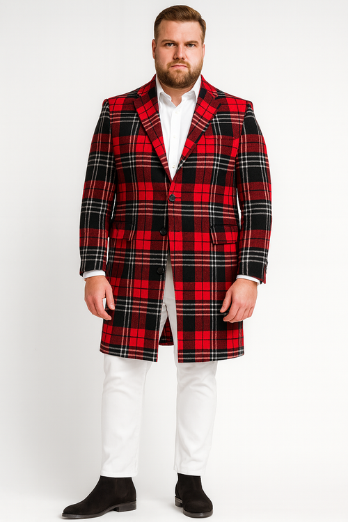 Men's red plaid wool overcoat. Classic tartan check. Long, tailored fit. Two-button front, side pockets. A stylish, warm winter essential.
