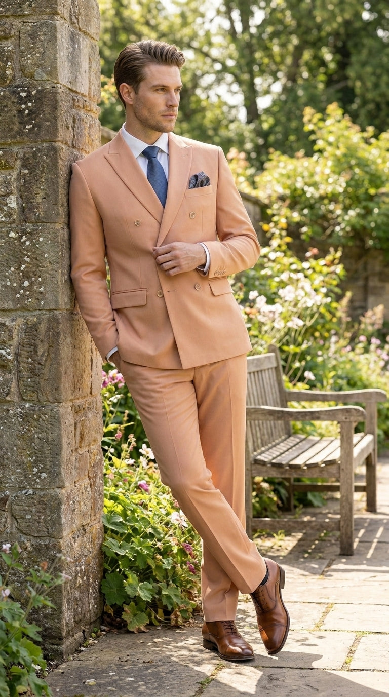 Men’s Peach Double Breasted Suit – Wedding & Prom Formal Suit Set, Classic Blazer and Pants Slim Fitted