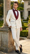 Ivory double-breasted tuxedo suit with burgundy shawl lapels & pocket detailing. Features a matching slim-fit trouser.
