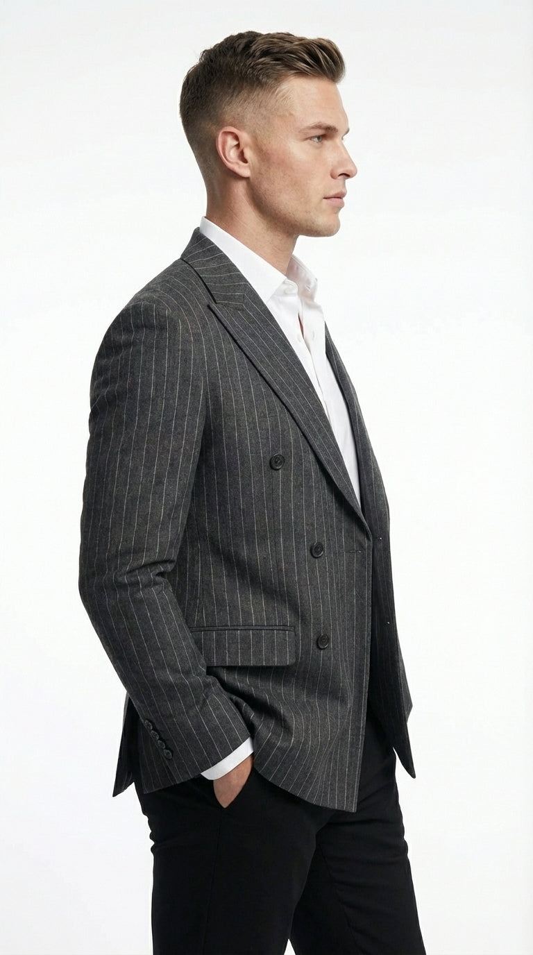 Mens Charcoal Gray Pinstripe Double Breasted Blazer Sport Coat – Classic Formal Business Jacket for Office and Smart Casual Wear