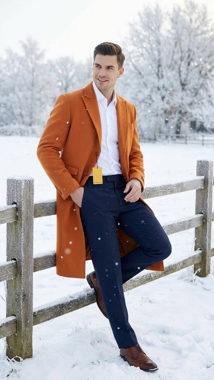 Alberto Nardoni men's orange rust wool blend overcoat. Tailored fit, notch collar, mid-thigh length. Features front button closure and long sleeves with cuff detail. Visible tag. Distinct, vibrant color.

