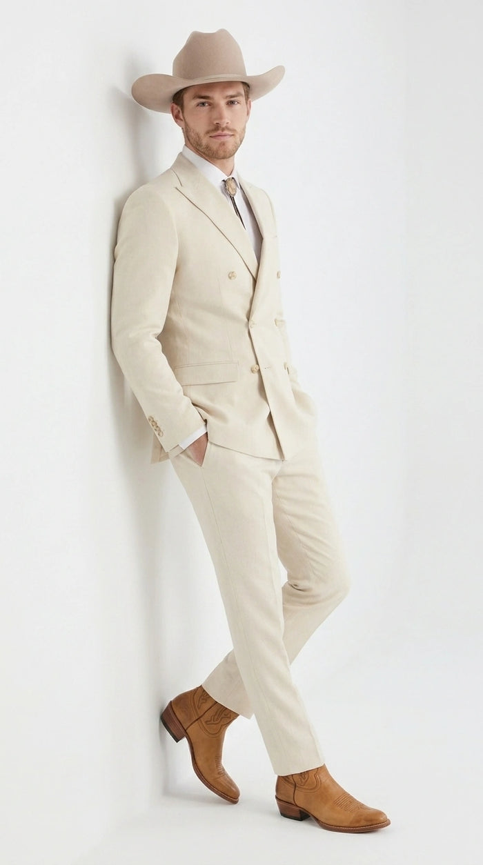 Men’s Tan Linen Cowboy Suit, Double Breasted Western Wedding Formal Western Suit Country style in Beige Tan Color
