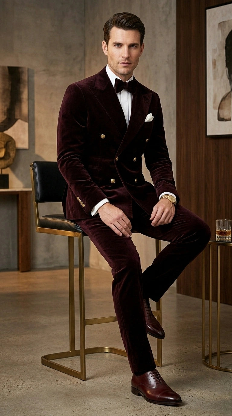 Men’s Dark Brown Velvet Blazer and Pants 2 Piece Suit, Double Breasted Formal Dinner Suit for Weddings, Prom