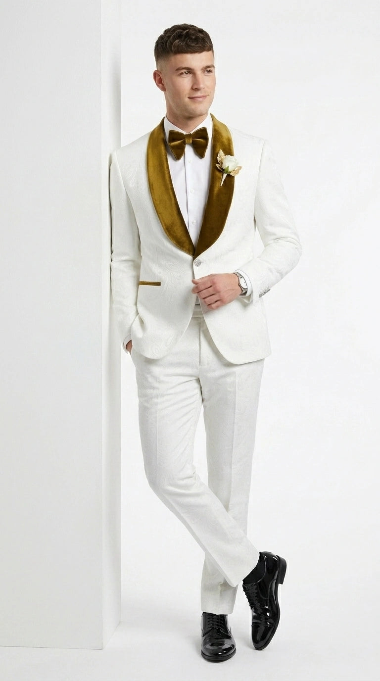 Men’s White Paisley 3 Piece With Vest Prom Tuxedo with Gold Velvet Shawl Lapel, Formal Wedding Suit Set