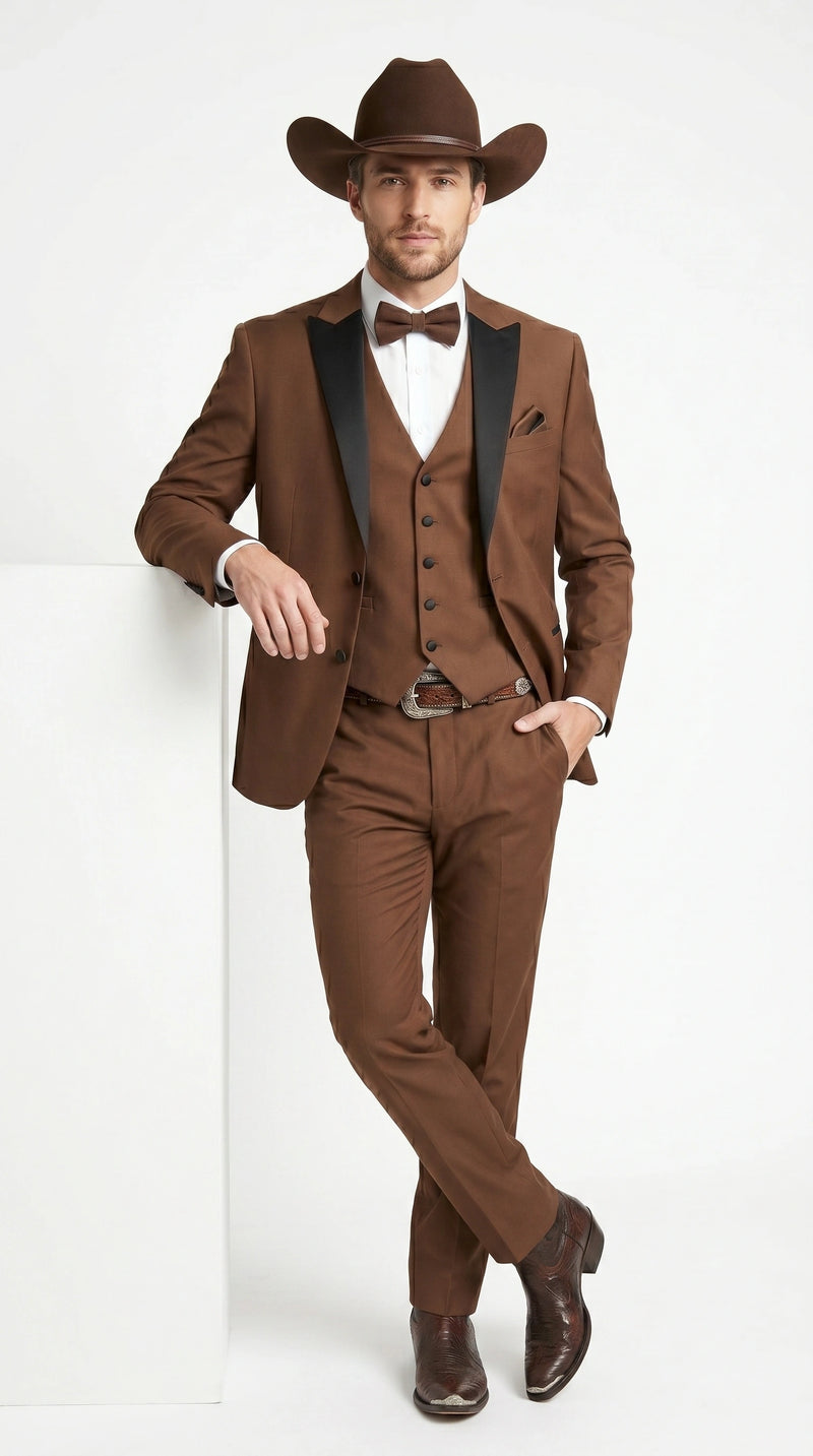 Men’s Light Brown Western Tuxedo 3 Piece Suit with Black Peak Collar Lapel, Country Look Cowboy Suit
