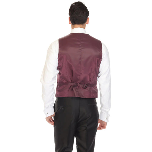 The solo adjustable casual and formal burgundy vest by Alberto Nardoni features a fitted silhouette with a smooth, shiny surface. It is constructed from a solid burgundy fabric and includes an adjustable strap at the back for fit adjustment.