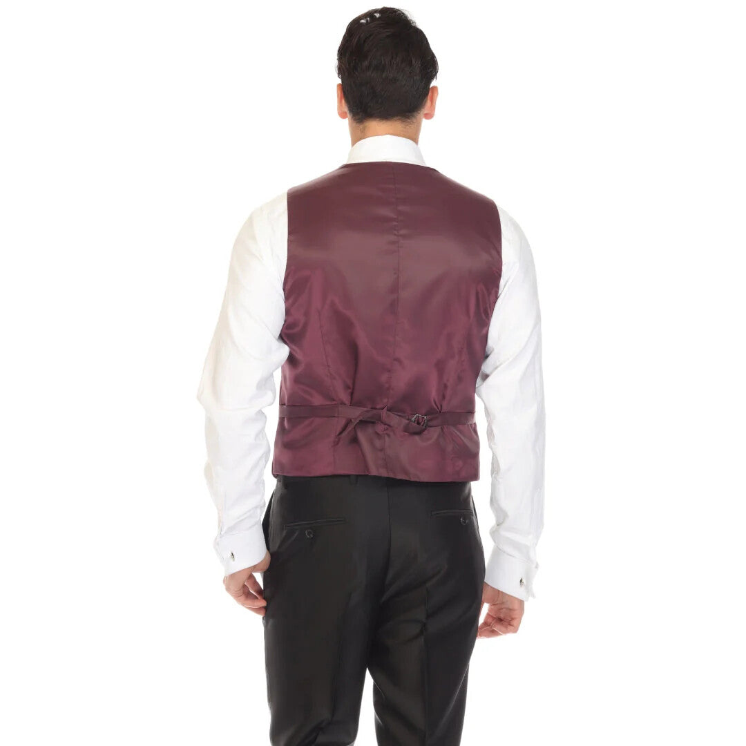 The solo adjustable casual and formal burgundy vest by Alberto Nardoni features a fitted silhouette with a smooth, shiny surface. It is constructed from a solid burgundy fabric and includes an adjustable strap at the back for fit adjustment.