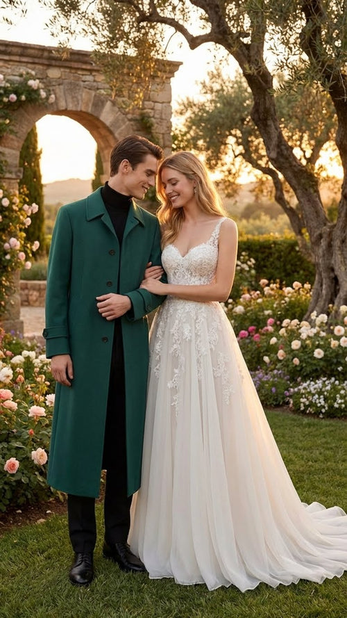 Alberto Nardoni men's green overcoat. Full length, straight silhouette with high collar, long sleeves. Solid, smooth fabric, single-breasted button closure, side pockets. Deep green.
