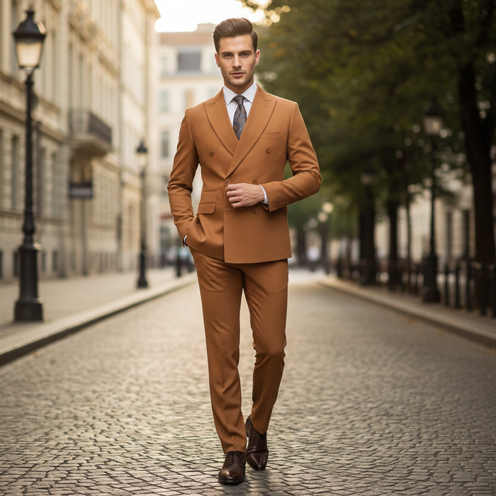 Vitali men's rust-copper double-breasted suit: slim-fit, tailored silhouette. Features notched lapels, flapped pockets, and single vent. Smooth, lightweight fabric. Matching slim-fit trousers complete the rich, blended color look.
