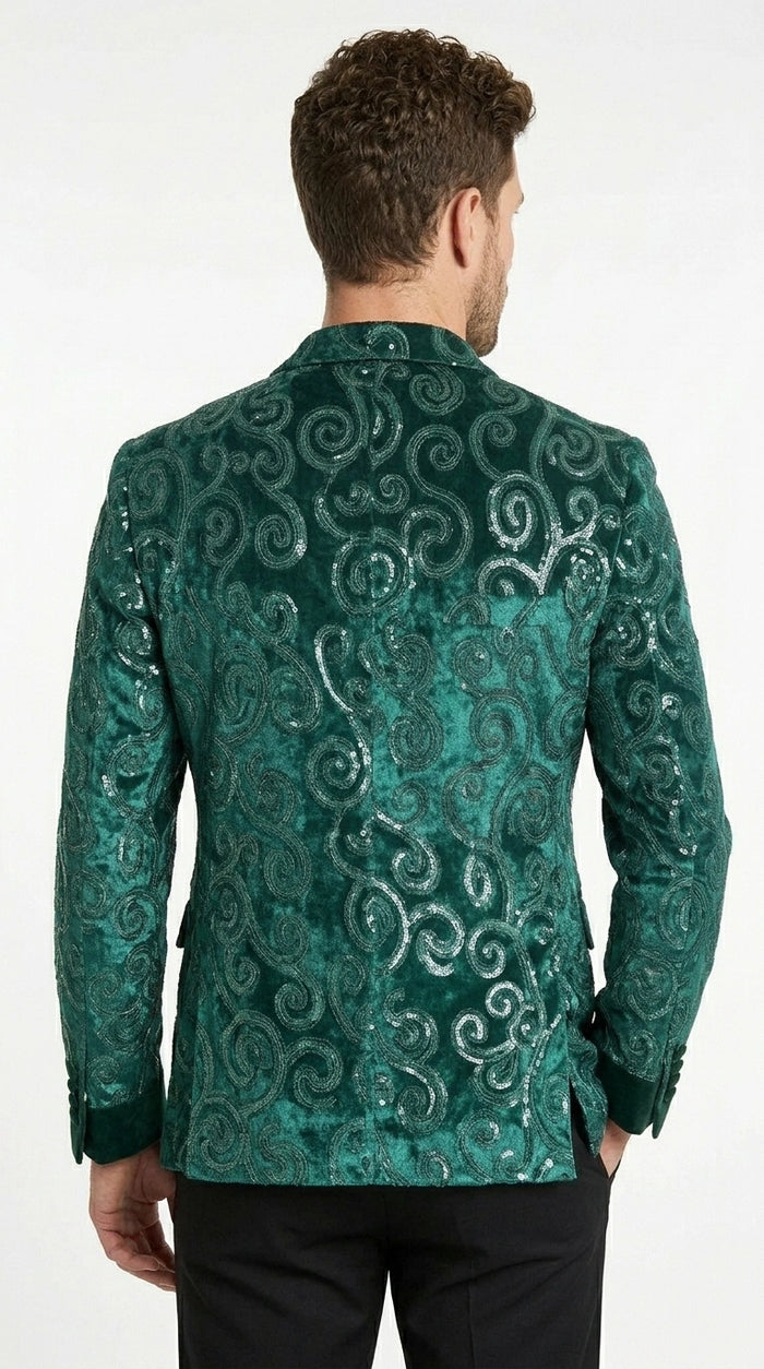 Men’s Emerald Green Paisley Tuxedo Dinner Jacket with Black Lapel, Formal Prom Wedding Party Blazer