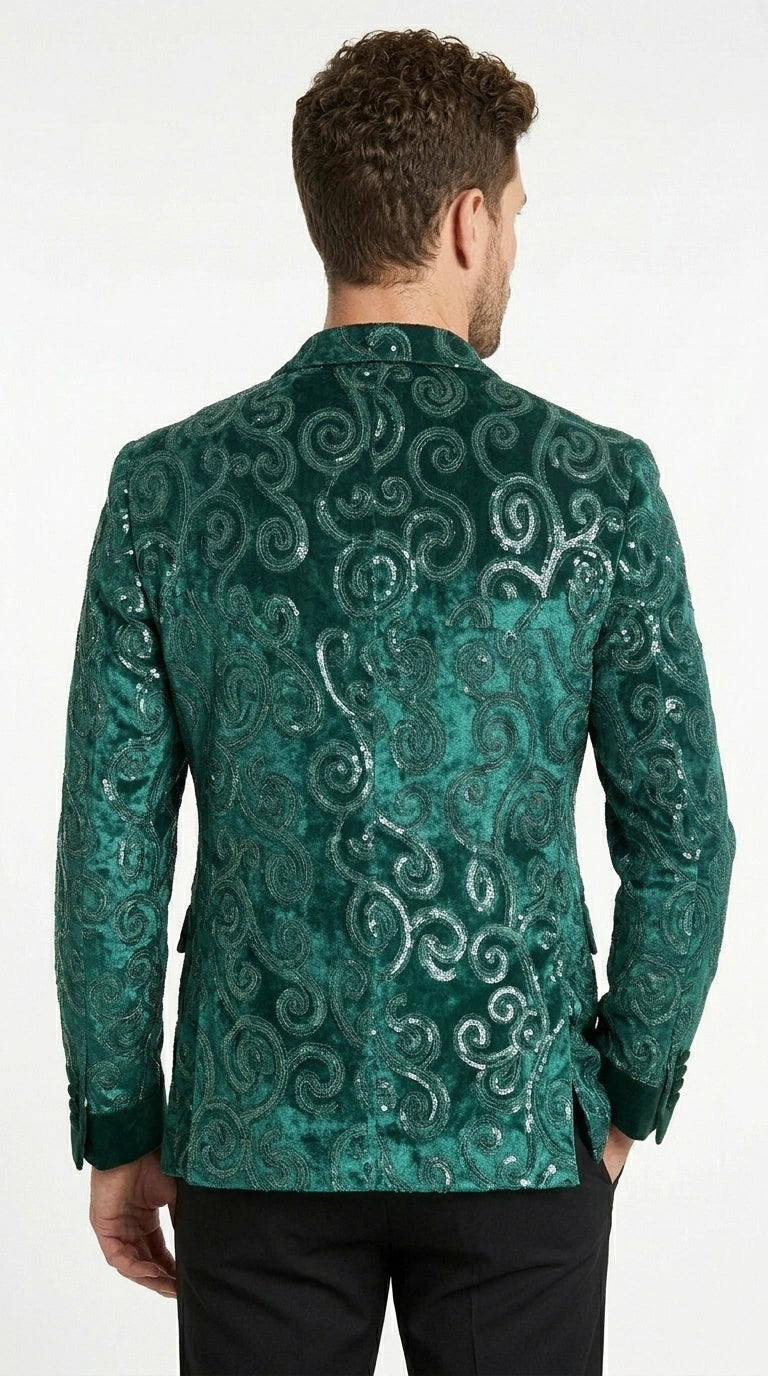 Men’s Emerald Green Paisley Tuxedo Dinner Jacket with Black Lapel, Formal Prom Wedding Party Blazer