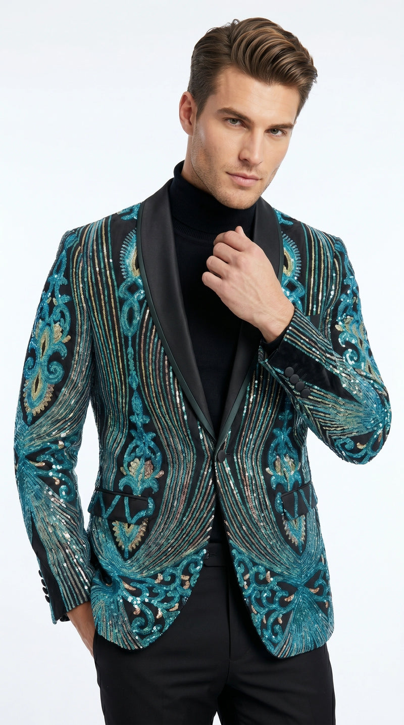 Men’s Black and Turquoise Blue With teal green Sequin Dinner Jacket, Formal Prom Wedding Paisley Floral Mardi Gra Pattern
