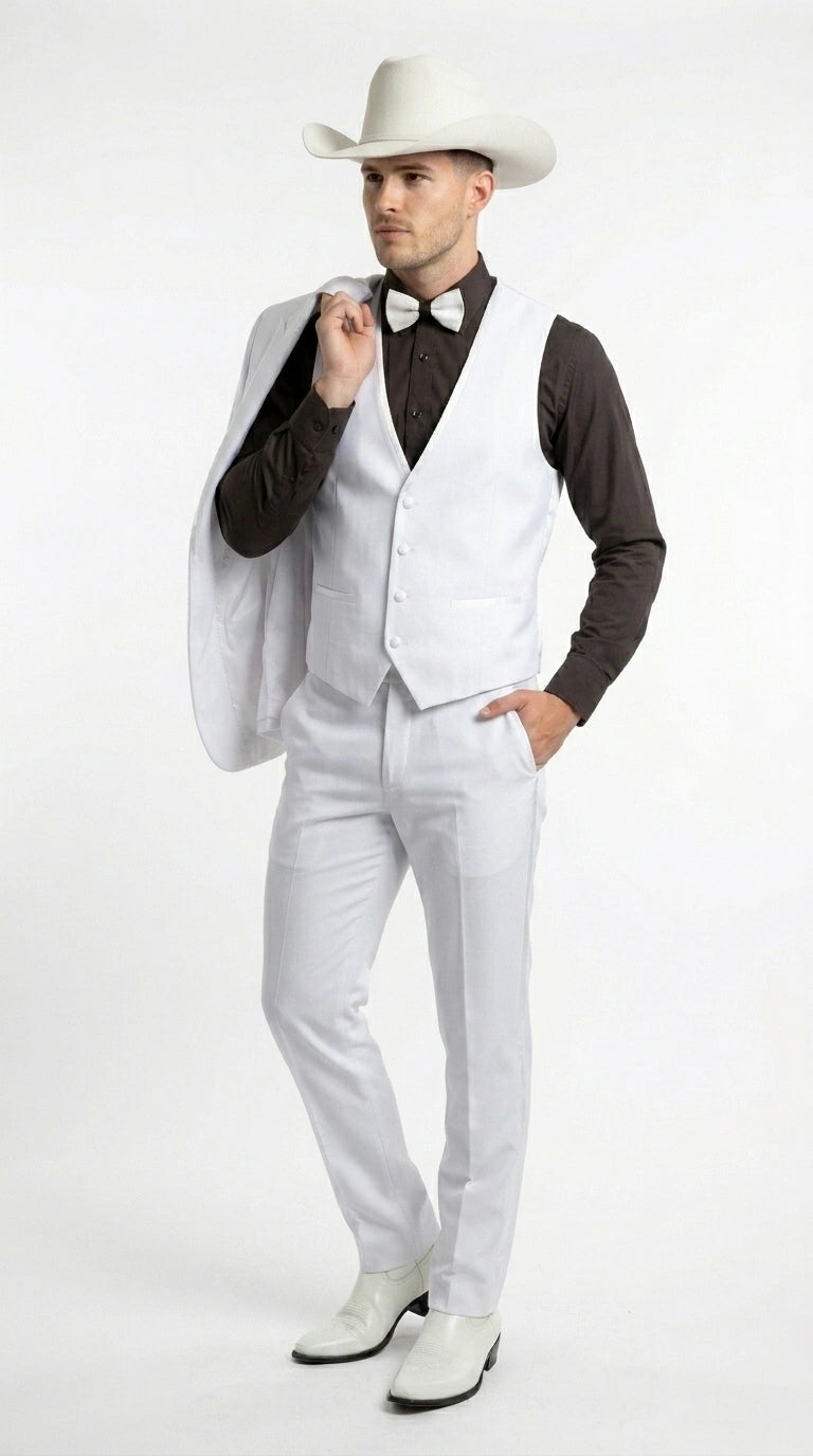 Men’s White Western Cowboy 3 Piece Tuxedo Suit, Formal Wedding Prom Groom Suit Set
