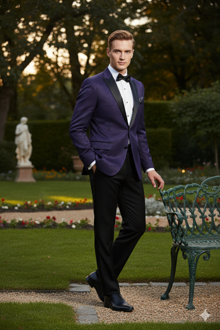 Alberto Nardoni men's purple paisley tuxedo jacket. Structured fit, single-button front, peak lapels, and two pockets. Purple with subtle paisley, textured fabric, black satin accents. Elegant.
