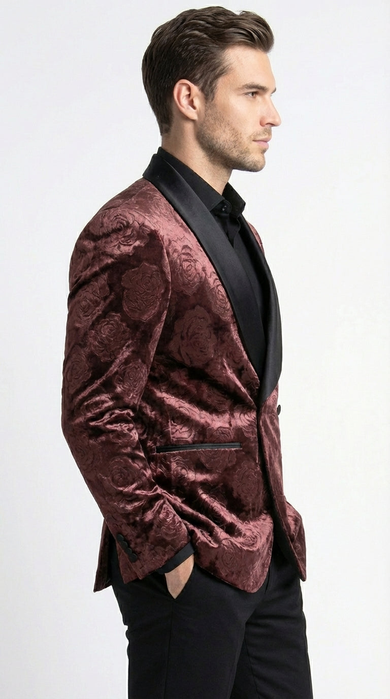 Mens Rust Copper Brick color Floral Jacquard Pasiley Blazer – Pattern Dinner Jacket with Black Shawl Lapel for Formal dinners and Wedding