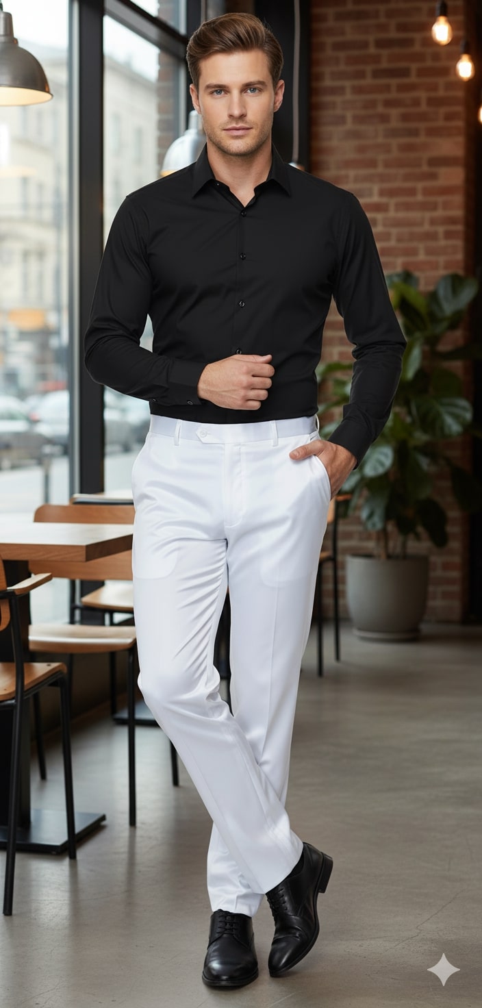 Men's white satin slim-fit dress pants. Smooth, glossy finish, fitted silhouette, and straight-leg design. Secure waistband for a comfortable fit.
