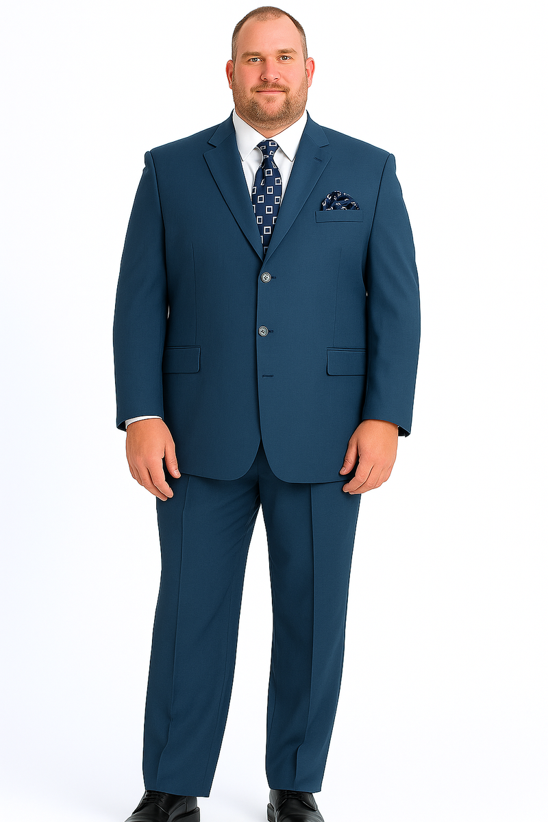 Alberto Nardoni men's sapphire steel blue suit. Tailored fit, single-breasted blazer with notch lapels, flat-front trousers, and straight leg. Solid, smooth fabric. Includes pocket square.
