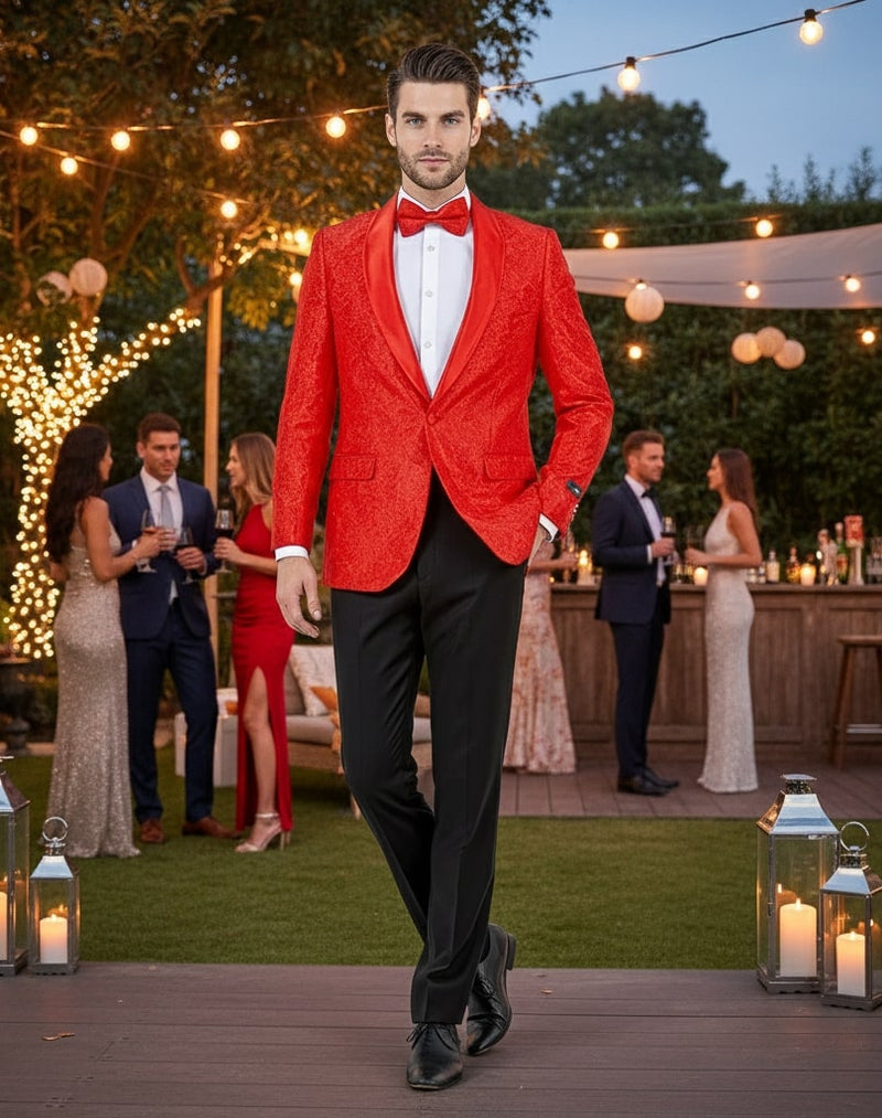 Red paisley tuxedo jacket for big & tall men. Satin shawl lapel, matching bow tie. Textured pattern, paired with black trousers. Stylish formal wear.
