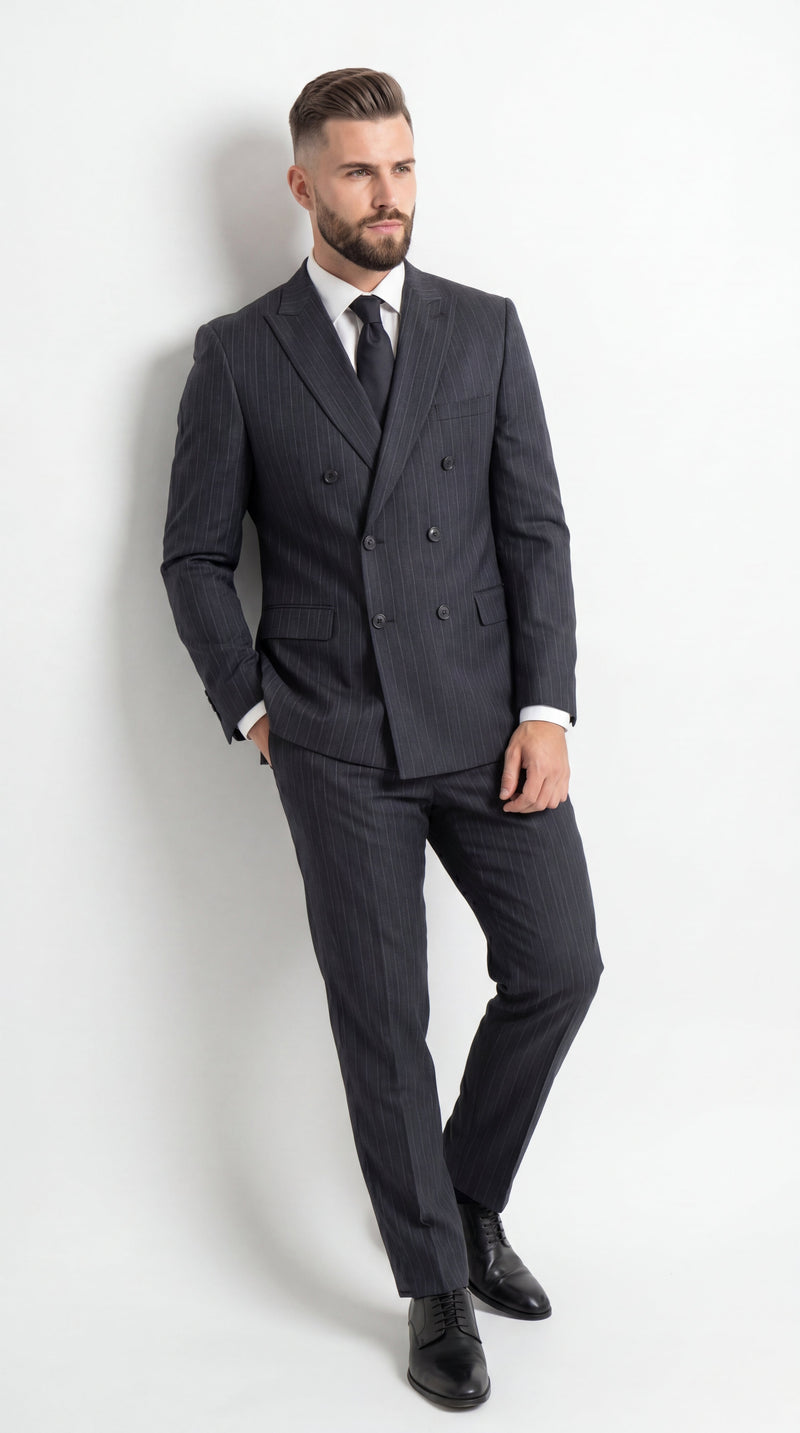 Men’s Black Pinstripe Double Breasted Suit – Classic Formal Business Suit Office and Evening Wear Modern Fit Conservative pattern