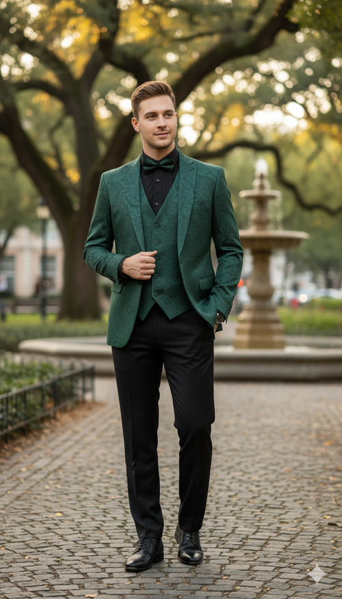 Emerald green paisley tuxedo. Slim-fit, textured fabric. Structured blazer, three-button vest, tailored pants. Paired with a black dress shirt, bow tie, and polished black dress shoes.
