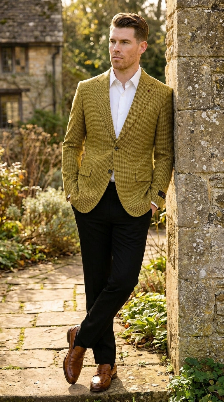 Men’s Mustard Gold Yellow Houndstooth Blazer Jacket, Check Pattern Formal Sport Coat for Weddings, Prom, Business 2 Buttons Modern Fit