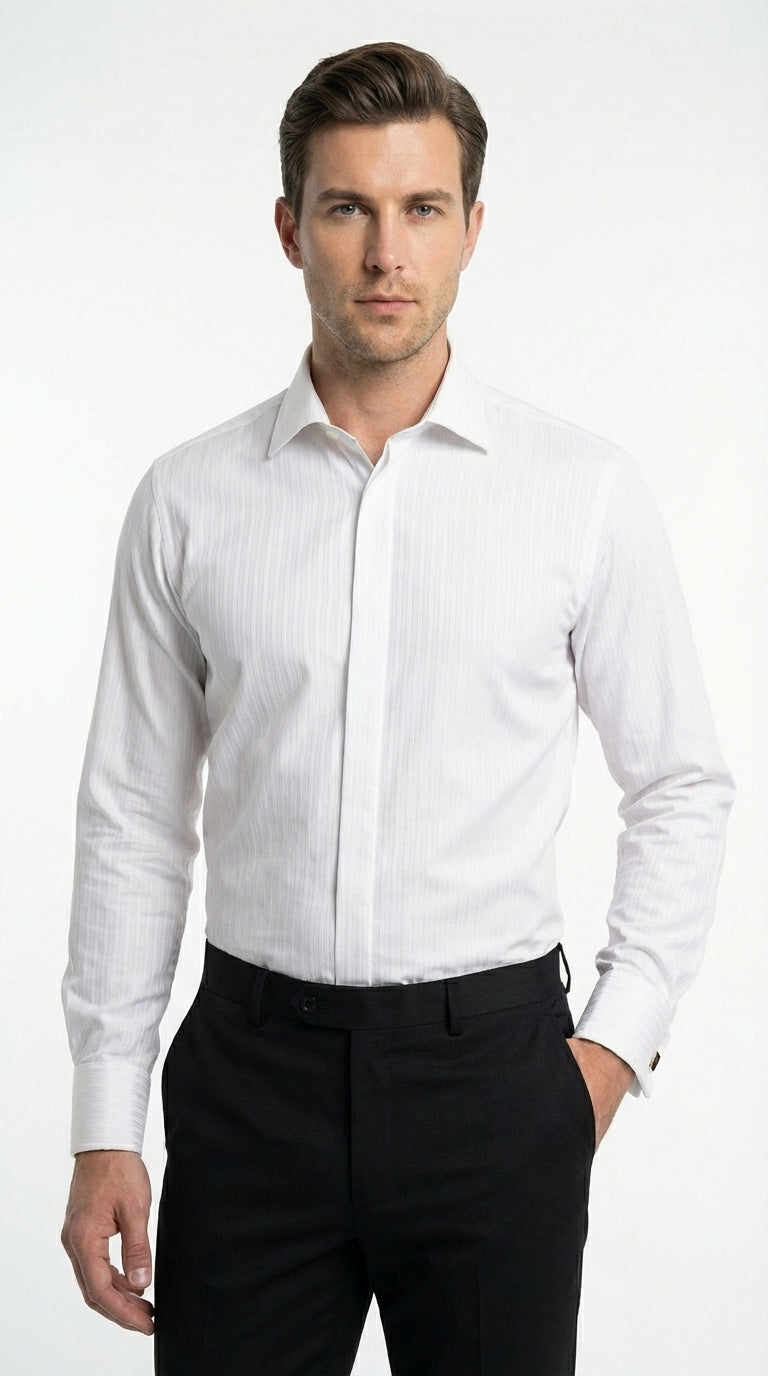 Mens White Herringbone Shadow and Tone on Tone Dress Shirt – Classic Formal Wedding