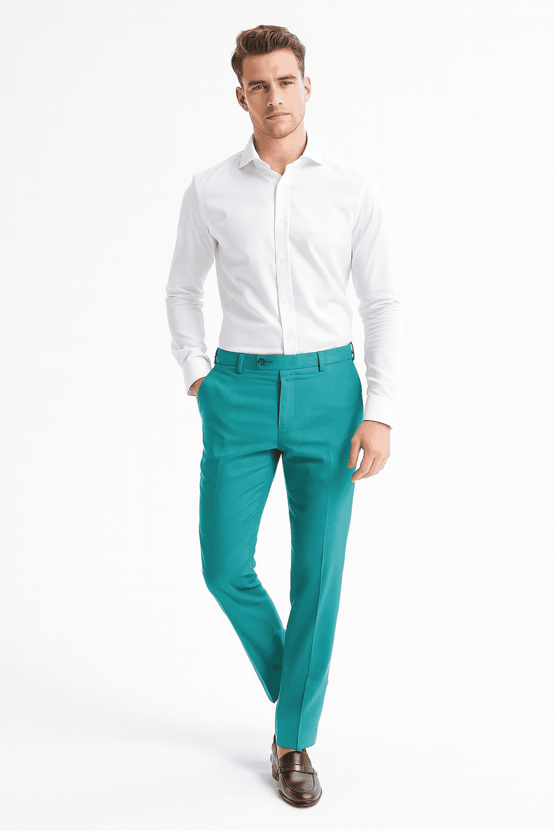 Men's slim-fit aqua dress pants. Smooth texture, tailored silhouette, and flat front with belt loops. Slight sheen enhances the turquoise color.
