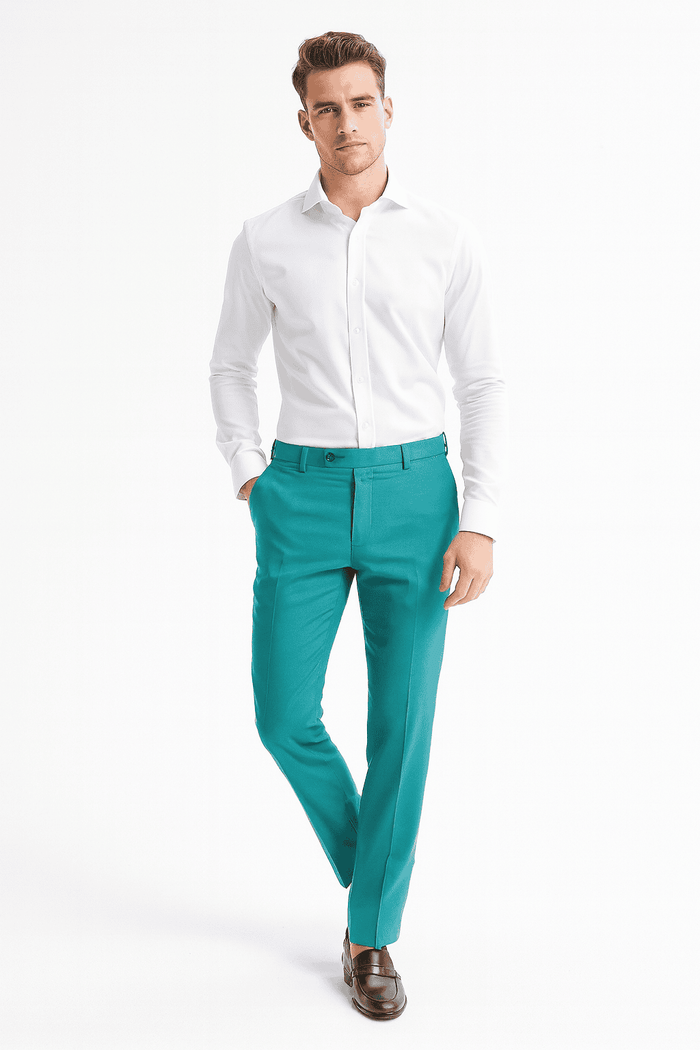 Men's slim-fit aqua dress pants. Smooth texture, tailored silhouette, and flat front with belt loops. Slight sheen enhances the turquoise color.
