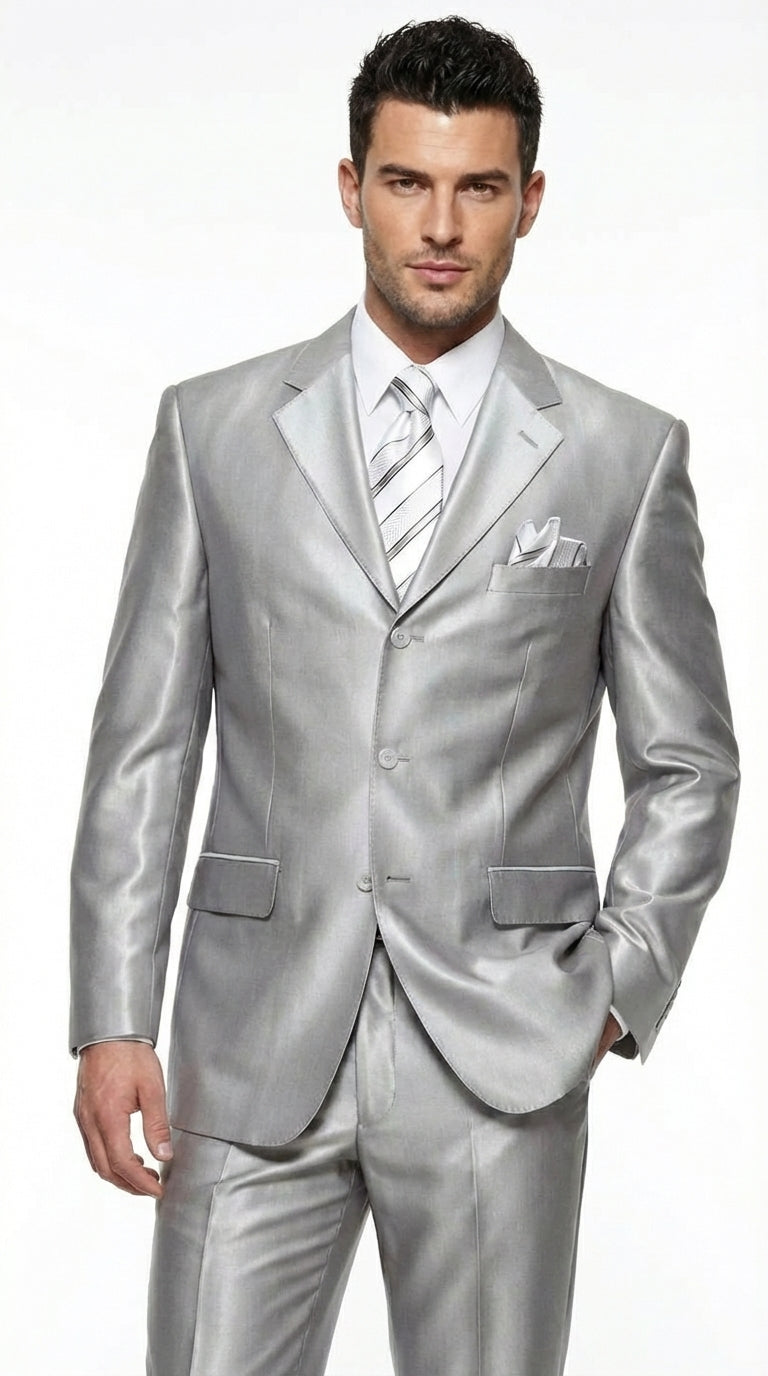 Men’s Silver Grey Sharkskin Suit – 3 Button Classic Fit Shiny Formal Suit for Wedding, Business and Party Wear