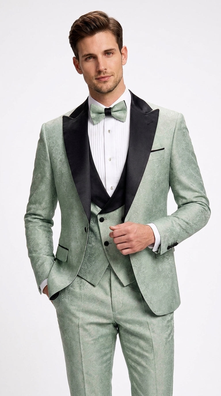 Men’s Sage Green Wedding Tuxedo with Black Shawl Lapel – 3 Piece Groom Prom Suit Mintish Color